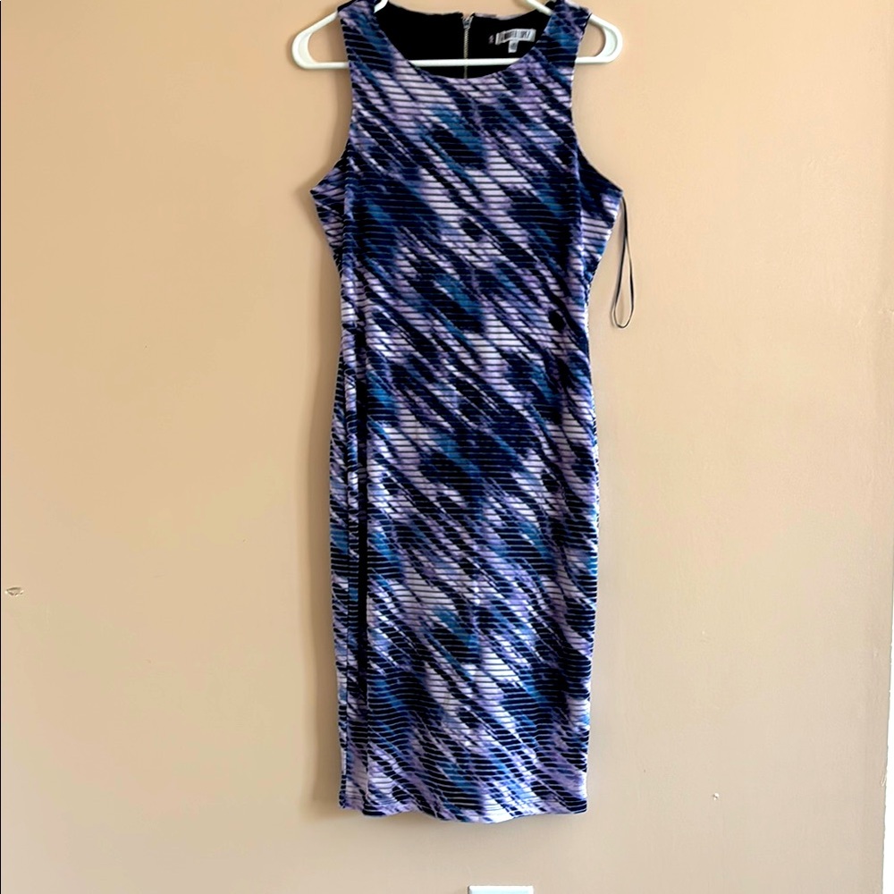Jennifer Lopez Blue and White Halter Sheath Dress